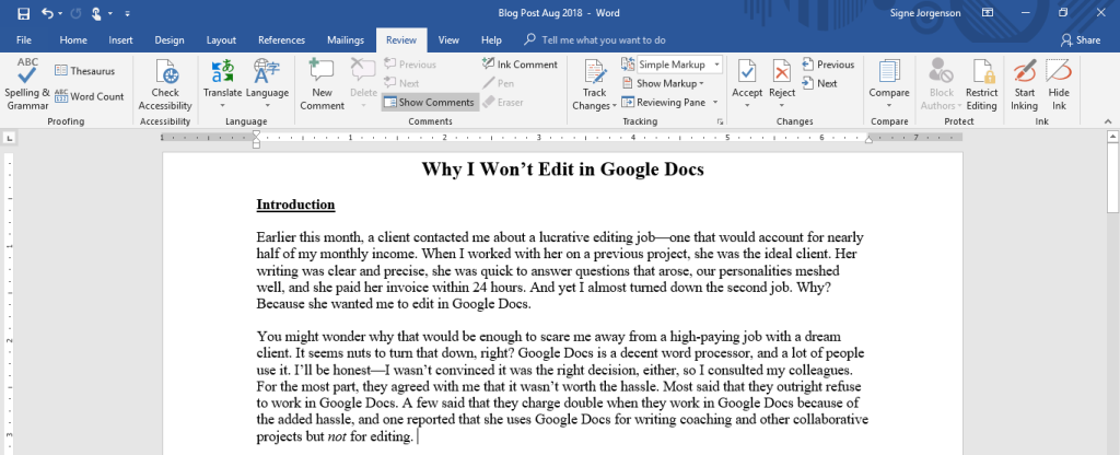 Screenshot of Microsoft Word 2016